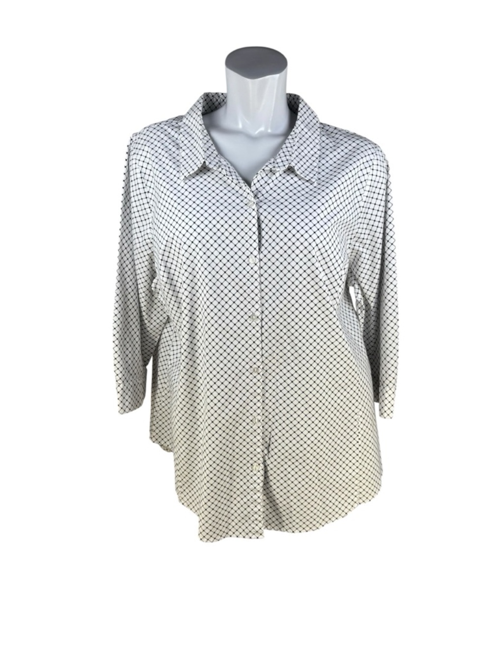 Covington Woman White Button-Front Shirt with Black Diamond Grid 3/4 Sleeves 2X